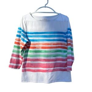 Talbots White Long-Sleeve Tee w/ Blue, Orange, Green & Pink Stripes- Cotton - Lg